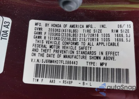 2015 Honda Cr-V Lx из США, поврежденный, VIN 5J6RM4H37FL086443